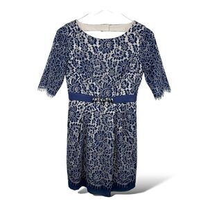 Eliza J | Navy Blue Fitted Lace-Overlay Dress Crystal Embellishment Open-Back 2P